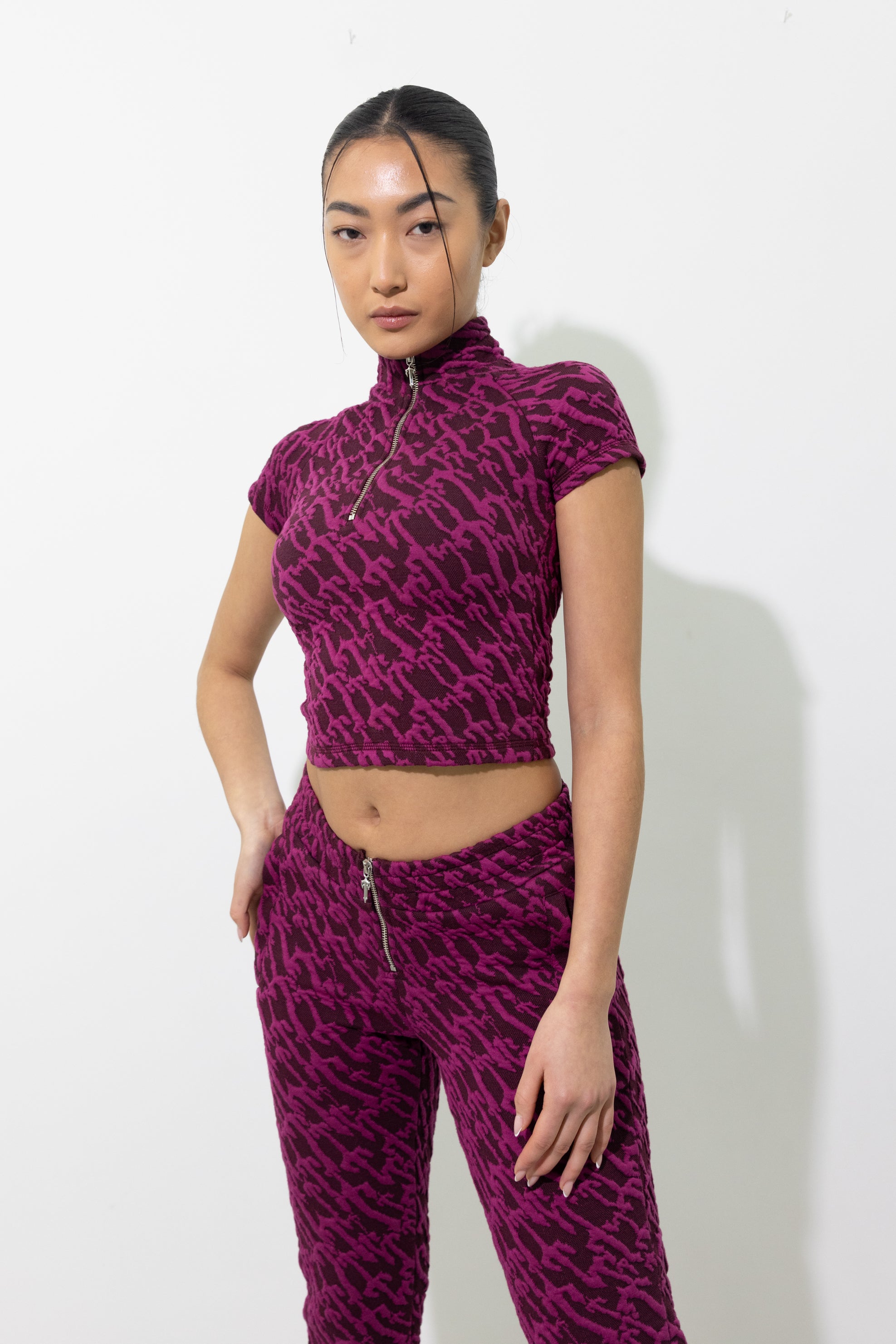 Trapstar Jacquard Fitted Zip Crop Top T-Shirt Damen Bordeaux Rosa Schweiz | LTRIBG713